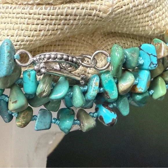 SX 925 Sterling Silver Necklace Turquoise Nugget Hand Knotted Toggle Clasp 82”L